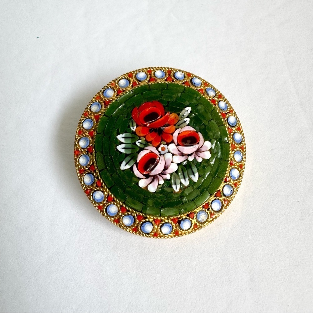 Vintage Micro Mosaic Brooch Green Rose Pin Signed Italy Italian Florentine - Picture 2 of 10